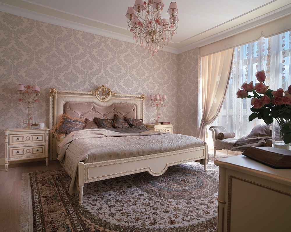 спальня с мебелью цвета слоновой кости